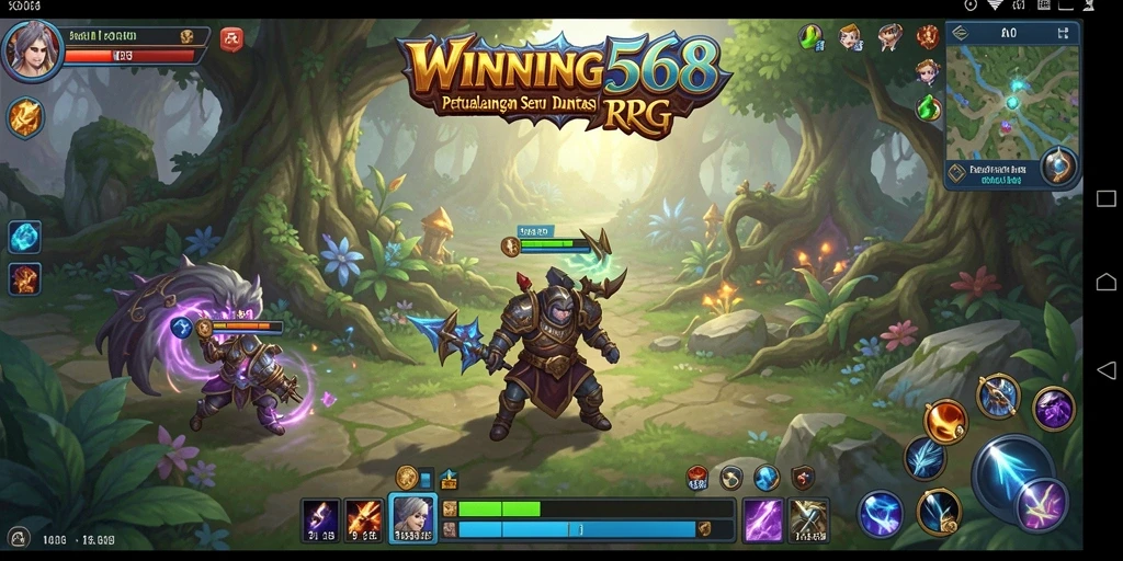 Screenshot gameplay RPG WINNING568 menampilkan pertarungan epik dan karakter yang beragam.